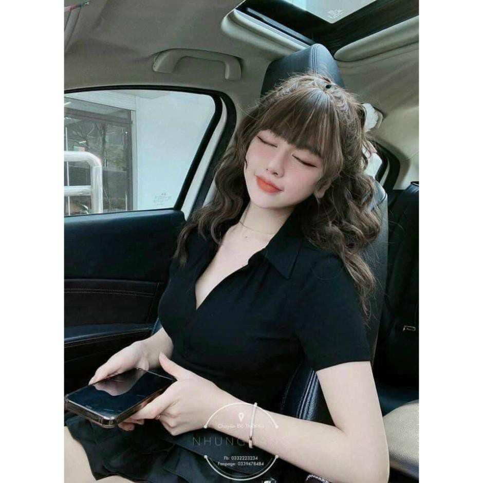 Áo Polo Cổ Tim Cộc Tay Nữ - Phông tay lỡ dáng ôm body, thun trơn cổ chữ V thiết kế basic style Ulzzang ་