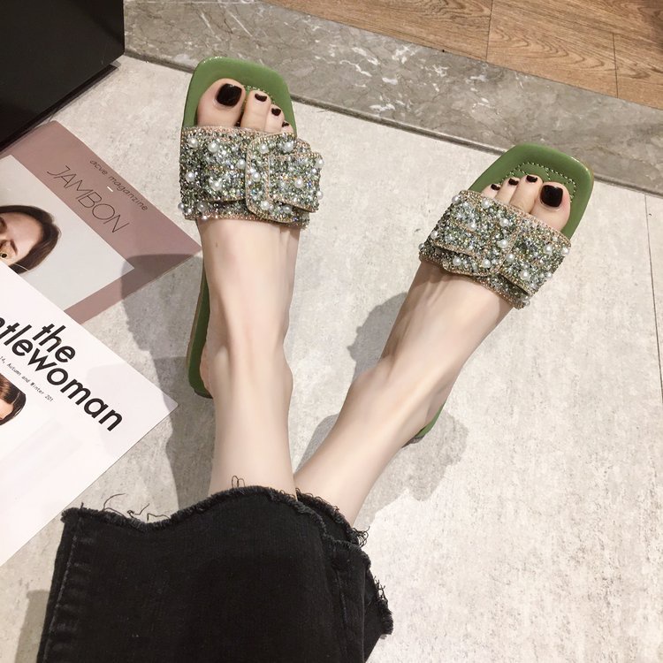 Dép đế bằng IELGY mũi vuông đính ngọc trai nhân tạo phong cách Hàn Quốc cho nữ