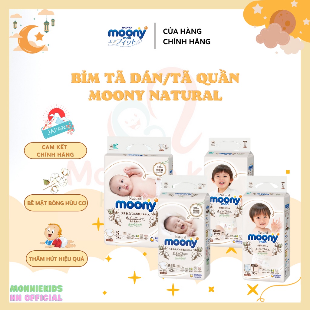 BỈM TÃ DÁN MOONY NATURAL NB63/S60/M46/L38/ XL32