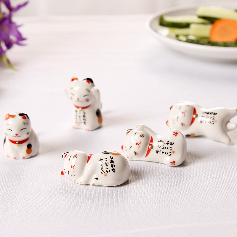 Gác đũa bằng gốm sứ hình con mèo may mắn Nhật Bản, phụ kiện bàn ăn hình mèo thần tài - HUNONA