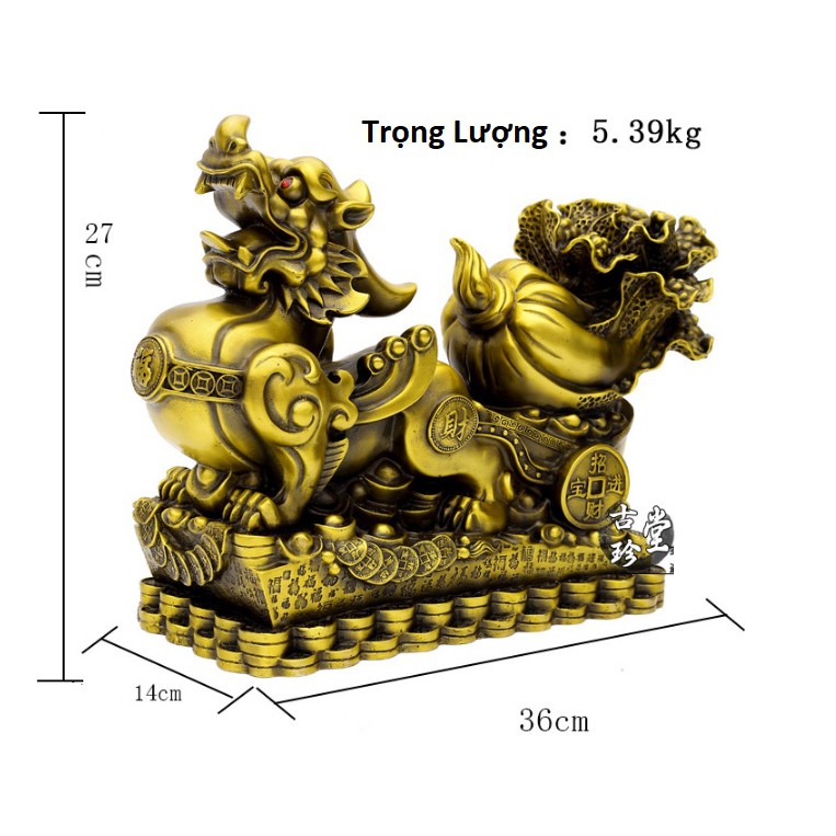 Tượng Kỳ lân tiền vàng chở bắp cải tài lộc may mắn  - Chất liệu đồng thau 36x27x14cm nặng 5,4kg (linh vật phong thuỷ )