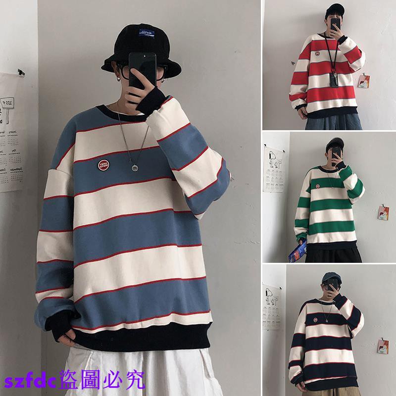 Áo Sweater Cổ Tròn Dáng Rộng Kẻ Sọc Ngang Trẻ Trung Phong Cách Hồng Kông