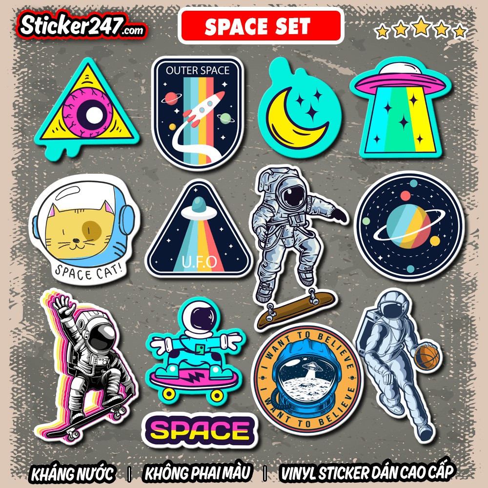 Sticker Phi Hành Gia Space 𝑭𝒓𝒆𝒆𝒔𝒉𝒊𝒑 Sticker Dán Mũ Bảo Hiểm, Dán Vali, Đàn Guitar - Hình Dán Chống Thấm Nước - Cắt Sẵn