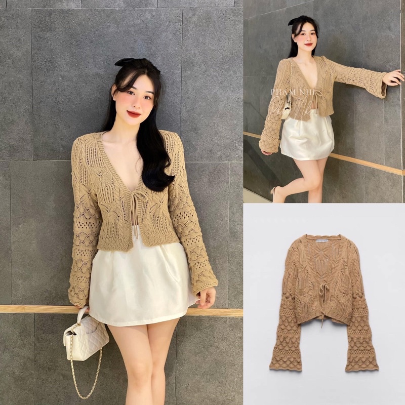 Áo len cardigan len móc nâu buộc dây cổ Zara xuất A129