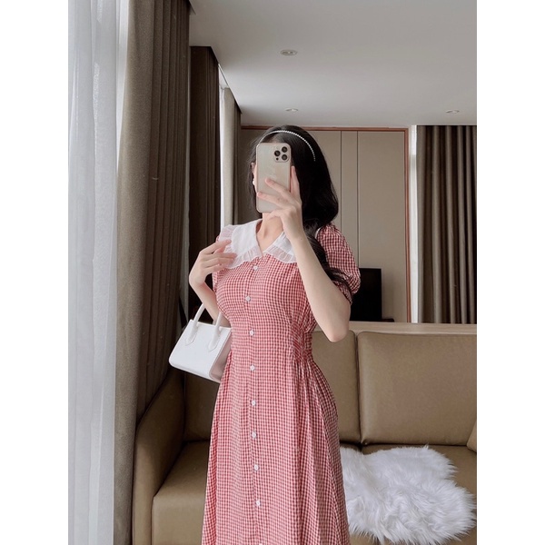 Váy kẻ phối bèo cổ chun eo vintage