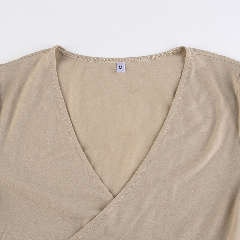 Áo Thun Ngắn Tay Cổ Chữ V Thắt Nơ Màu Trơn Thời Trang Cho Nữ