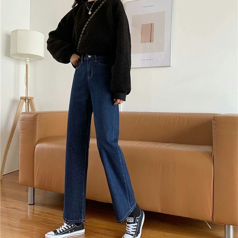 QUẦN JEAN ỐNG RỘNG NỮ LƯNG CAO MÀU XANH ĐẬM LAI CUỐN FORM DÀI RỘNG CAO CẤP BABO SIÊU HOT HIT CHUẨN SIZE ĐẲNG CẤP