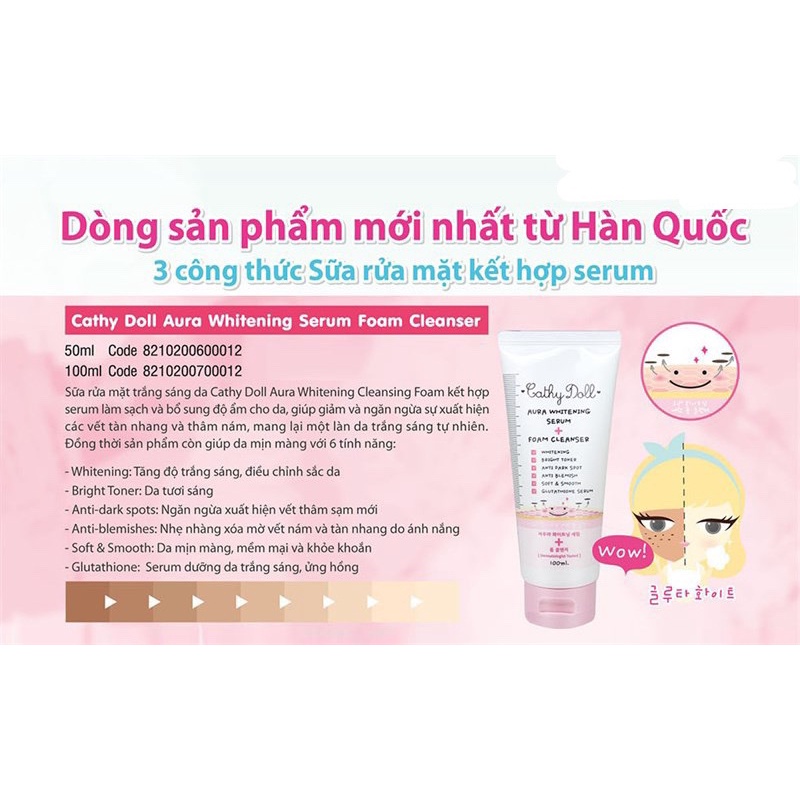 Sữa Rửa Mặt Ngừa Mụn, Sáng Da Acne Solution/ Aura Whitening Serum Foam Cleanser Cathy Doll 100ml hàng nội địa thái 100%