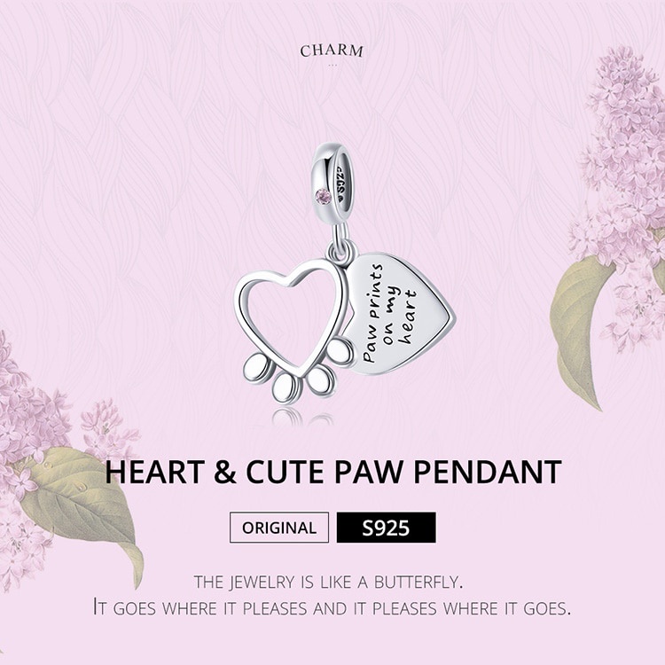 Mặt trang sức Bamoer BSC511 bằng bạc Sterling 925 hình bàn chân trái tim dễ thương làm trang sức DIY