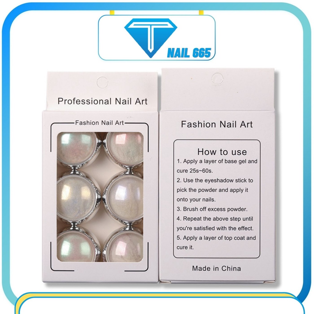 Sét tráng gương ánh ngọc trai trang trí móng , Bột nhũ tráng gương set 6 hũ