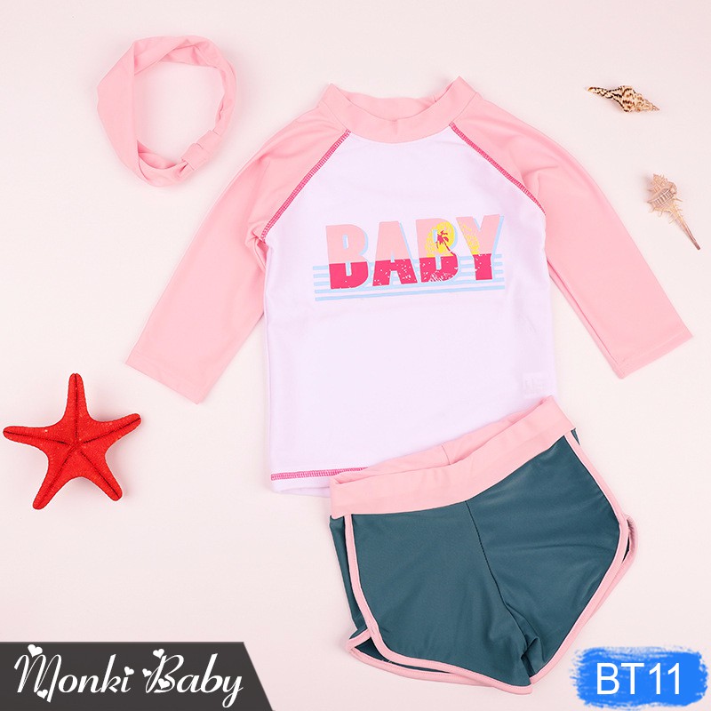 Bộ bơi bé gái dáng thể thao, quần đùi sooc cùng áo thun dài tay, mầu hồng nữ tính, chất bơi đẹp | BT11