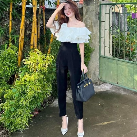 Quần tây nữ lưng cao đi học làm công sở khóa sau cạp v bản to đứng dáng Quần baggy nữ cạp cao vải đen dày mềm co dãn nhẹ
