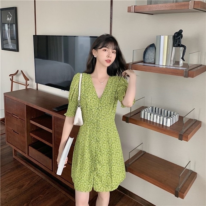 Váy nữ hoa nhí màu xanh lá vintage Hàn Quốc-Order