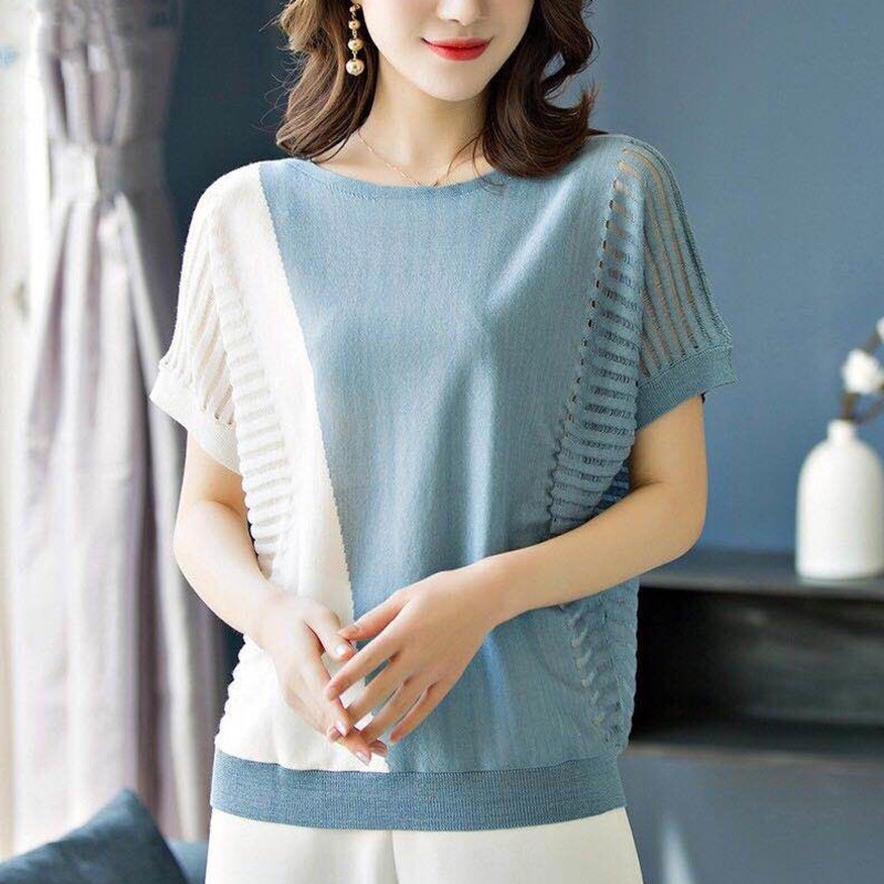 Áo Thun Dệt Kim Tay Ngắn Màu Sắc Tương Phản Chất Liệu Lụa 195266 Áo Cánh Dơi Form Rộng Dễ Phối Đồ