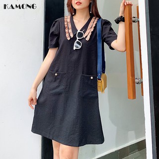 Đầm suông cổ sen nhọn phối bèo KAMONG D088