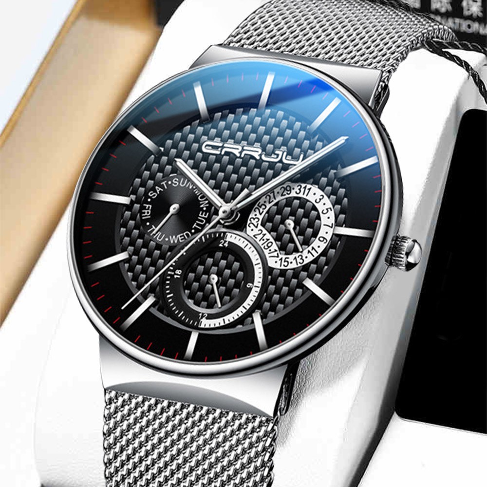 Đồng hồ đeo tay thạch anh CRRJU 2153 siêu mỏng chống thấm nước vói dây thép thời trang sang trọng cho nam