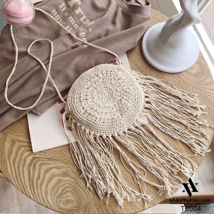 [NowShip - Giao Ngay] Túi Cói Boho Vintage Đeo Vai, Đeo Chéo Hình Tròn Đính Tua Rua Màu Nâu Be Trơn