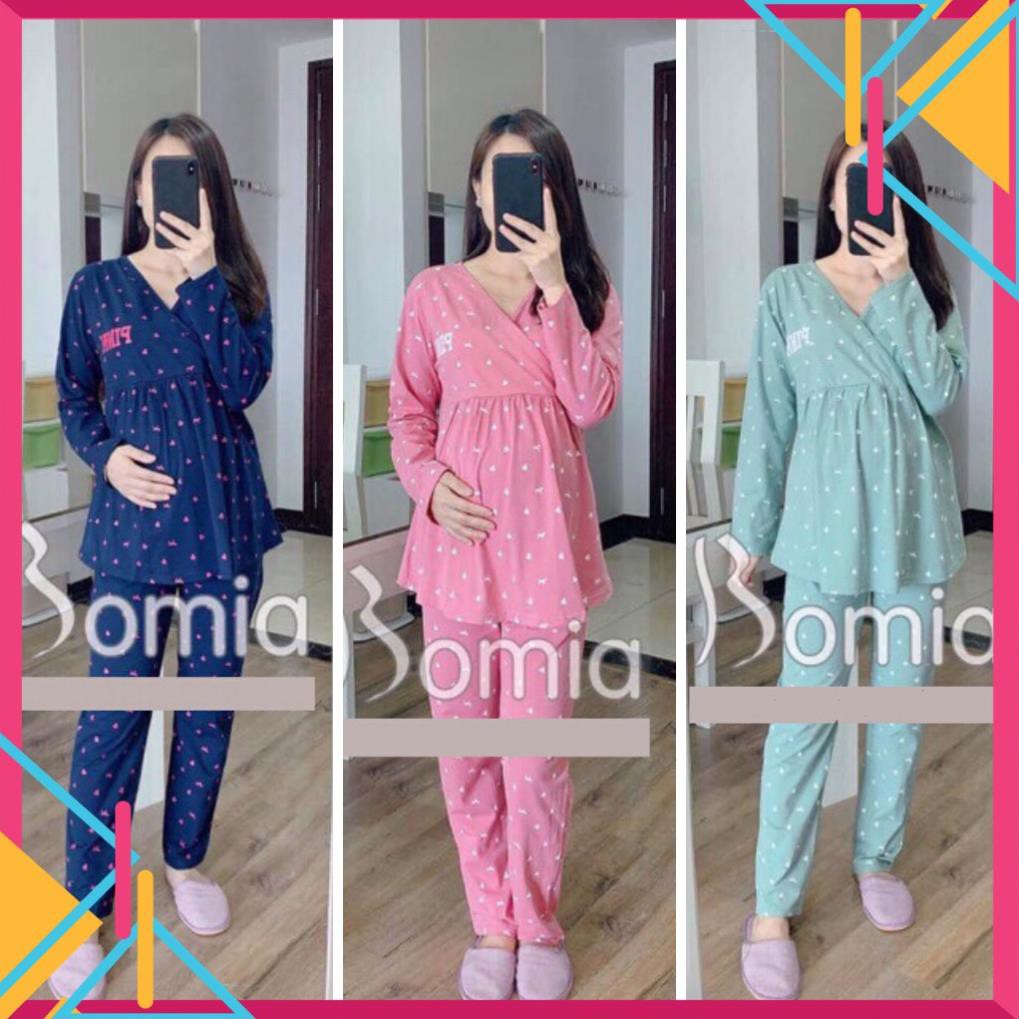 Bộ Đồ Bầu Sau Sinh Mặc Nhà Cho Mẹ, Đồ Bộ Bầu Cổ Vạt Chéo Pink, Chất Mát, Cho Bé Ti Dễ Dàng ❗ *