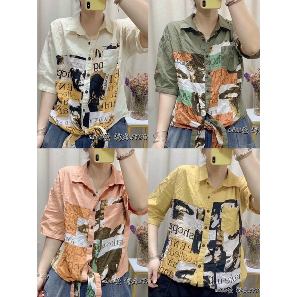Áo Sơ Mi Nữ Cột Dây Hoạ Tiết Trẻ Trung Phong Cách Năng Động Free size