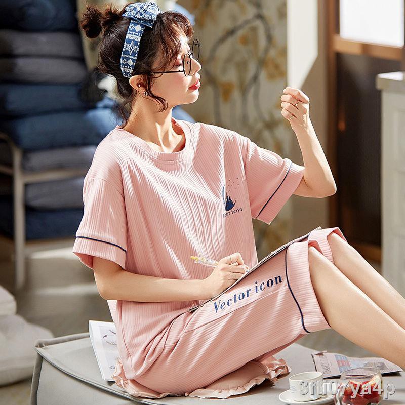 Pyjamas nữ quần dài cắt ngắn bằng vải cotton Lớn size Bà bầu Hàn Quốc có thể mặc đồ ở nhà bên ngoàiT