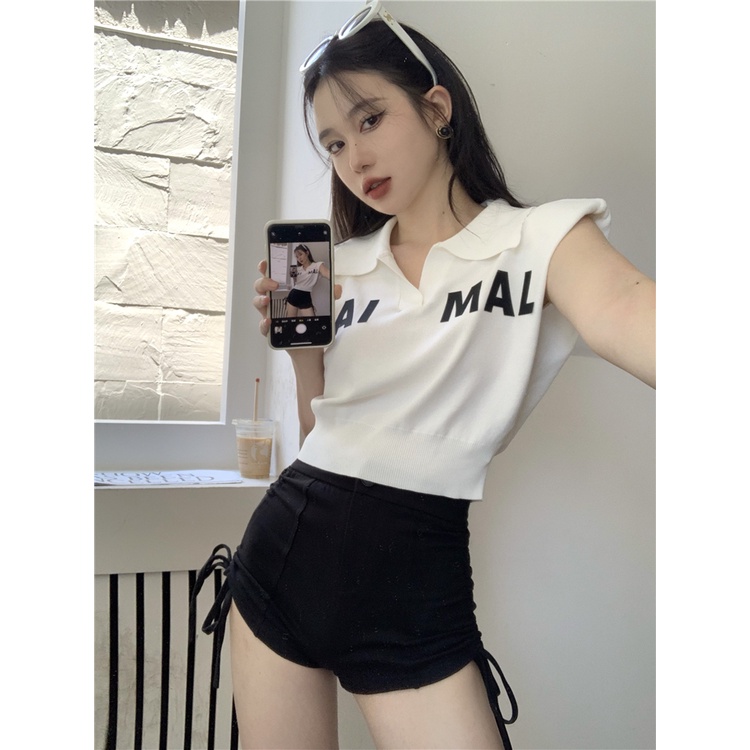 Xiaozhainv Áo Croptop Dệt Kim Sát Nách Cổ Polo In Chữ Thời Trang Mùa Hè Dễ Phối Đồ Với 5 Màu Sắc Lựa Chọn