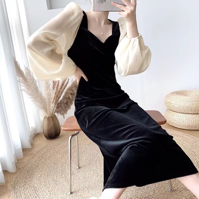 IELGY  Đầm Nhung Đen Dài Tay Phong Cách Pháp Thời Trang Cho Nữ