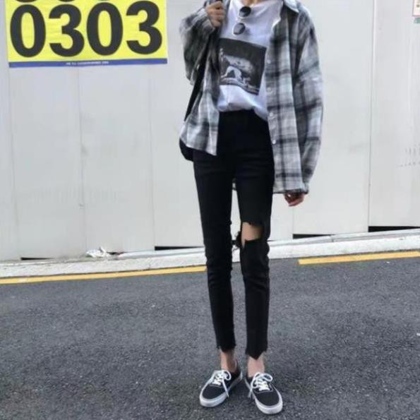 Quần jeans rách gối dáng SKINY lưng cao co giãn