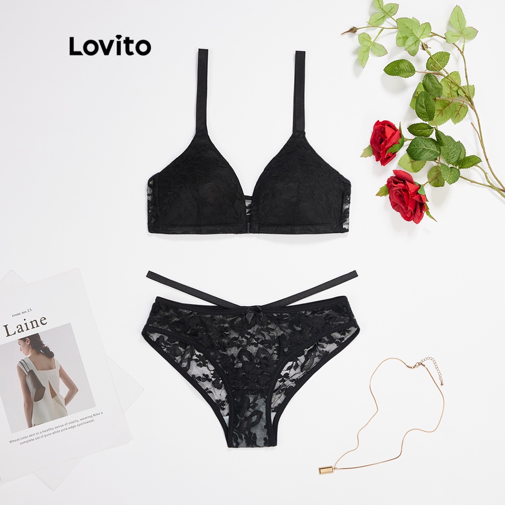 Set áo ngực + quần lót Lovito phối ren xuyên thấu thanh lịch L17X280 (Màu đen)