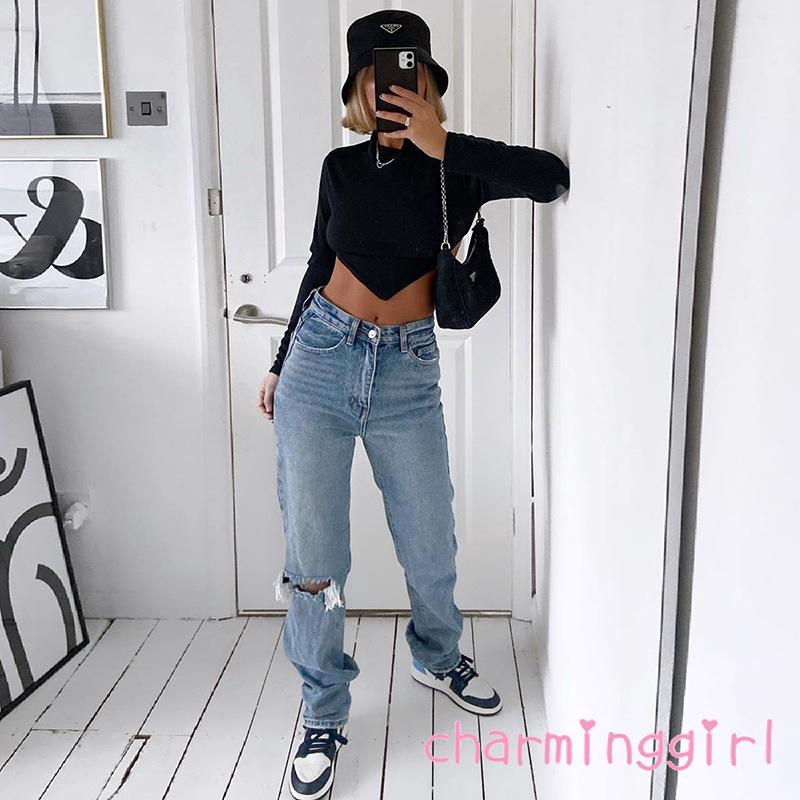 Áo Thun Tay Dài Cổ Tròn Thiết Kế Dây Đan Chéo Màu Trơn Cho Phái Nữ