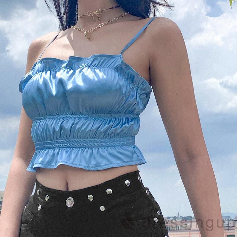 DRESSINGUP-Áo Croptop Hai Dây Nhún Bèo Quyến Rũ Cho Nữ