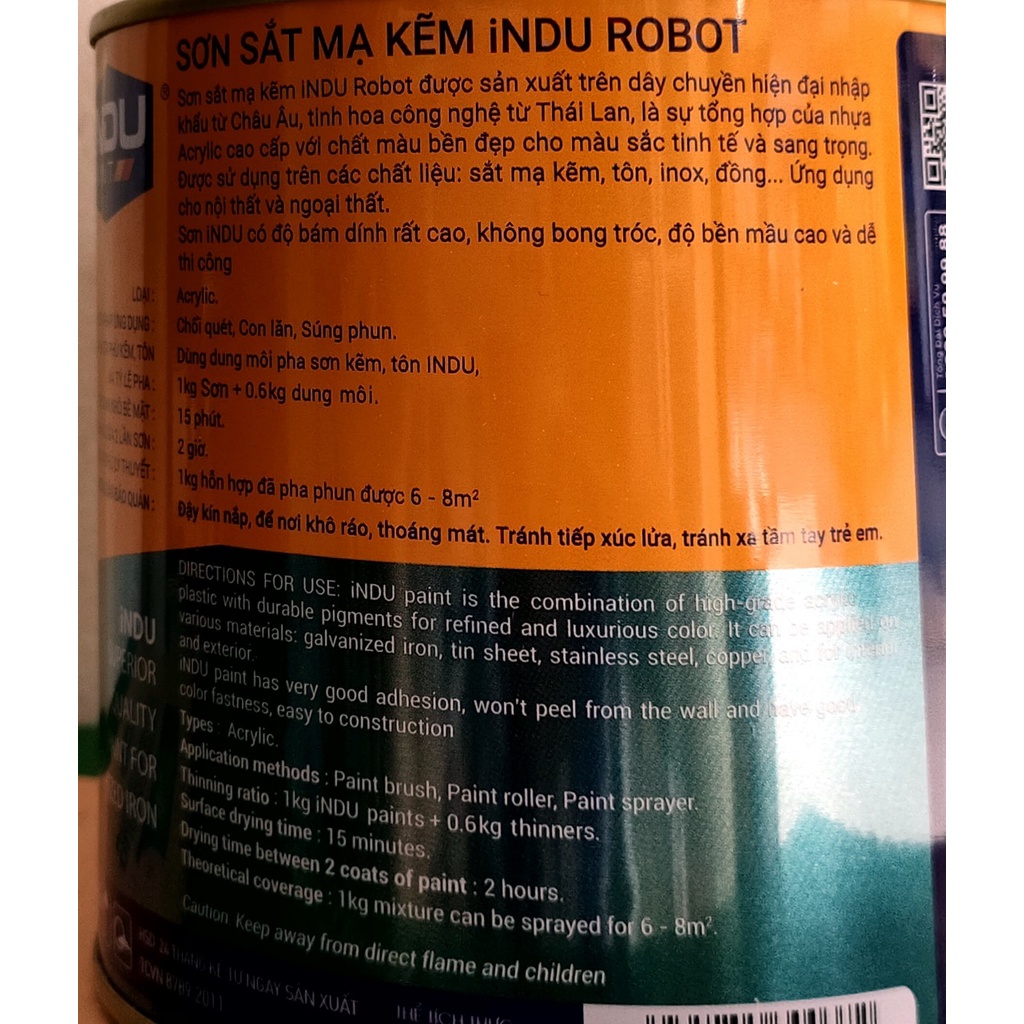 SƠN SẮT MẠ KẼM INDU 1 THÀNH PHẦN LON 800ML MÀU ĐEN MỜ
