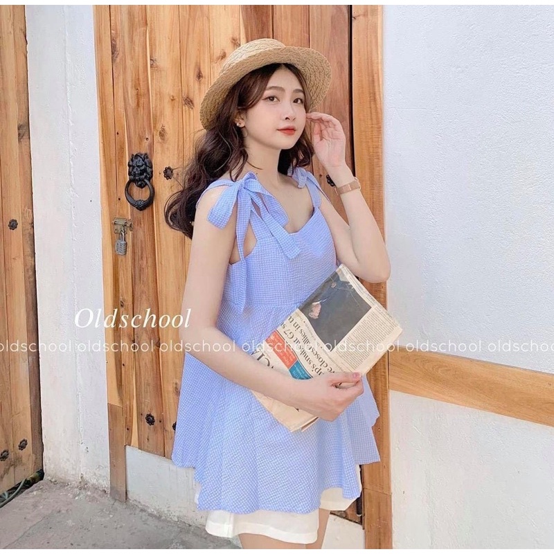 Set Áo Quần Style Hàn Quốc  Áo Quần Babydoll Hai Dây Thắt Nơ Kẻ Xanh Dành Cho Nữ [PHULA] Bbd Ulzzang