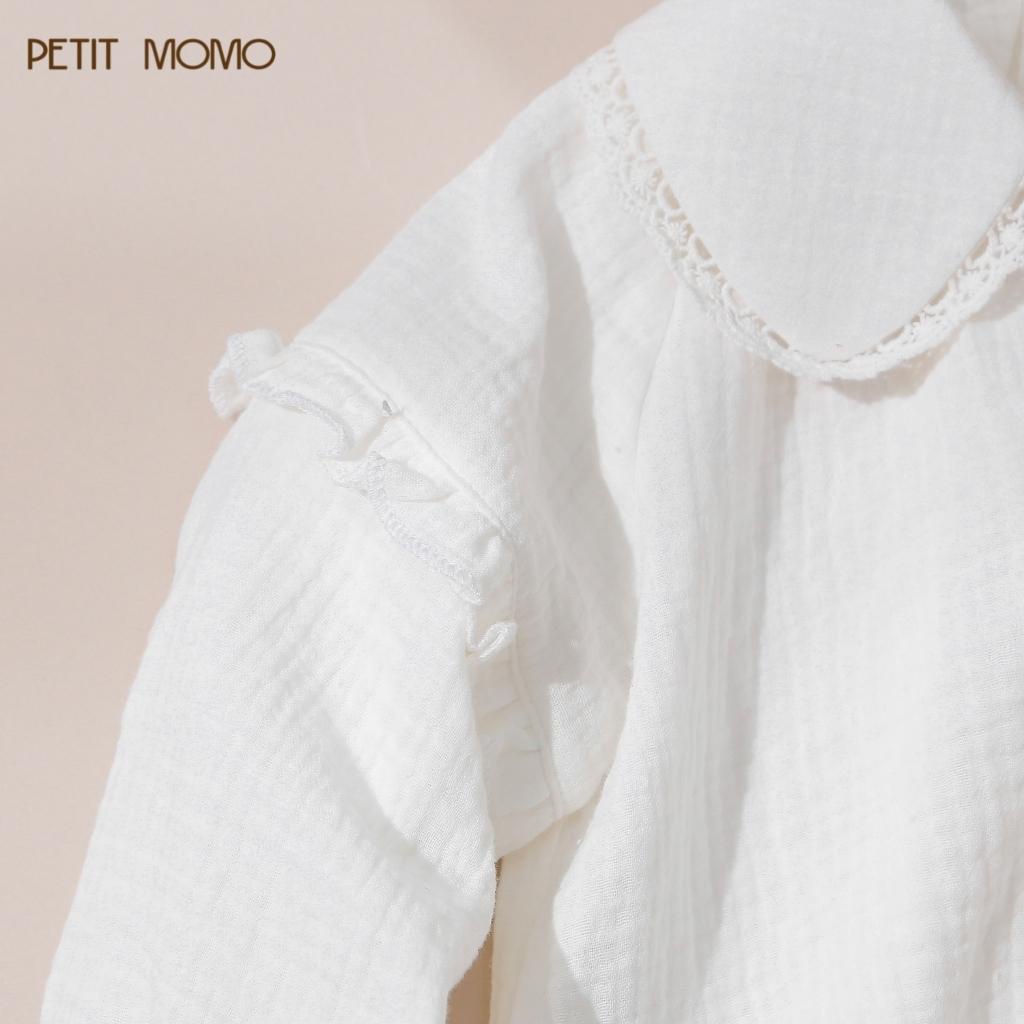 Áo Sơ Mi Dài Tay Cho Bé Gái PETIT MOMO Chất Vải Xô Muslin Mềm Mát Dáng Suông Cổ Sen Viền Ren H188