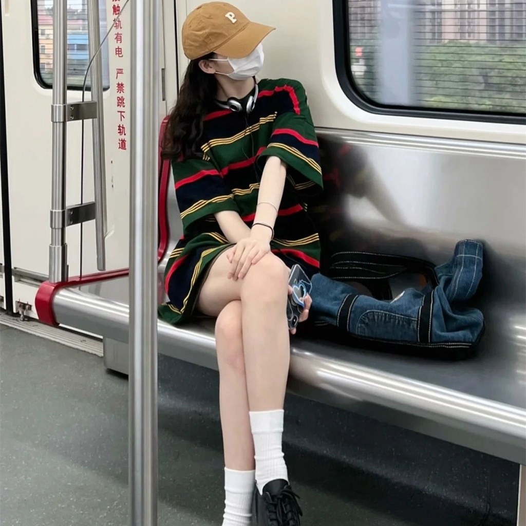 Jiashucheng Áo Thun Nữ Ngắn Tay Cổ Tròn Sọc Ngang Thời Trang Mới