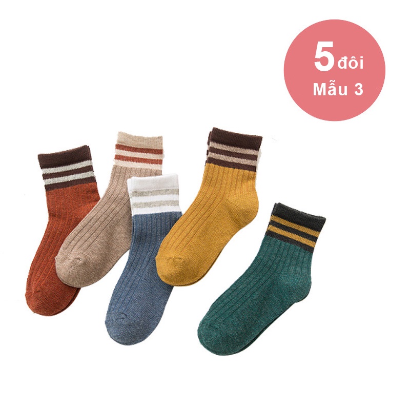 Combo Bộ 5 Đôi Tất Phong Cách Hàn Quốc Màu Trơn Dễ Thương Vải Cotton Thời Trang Tất Vớ Cho Bé 1-15 Tuổi