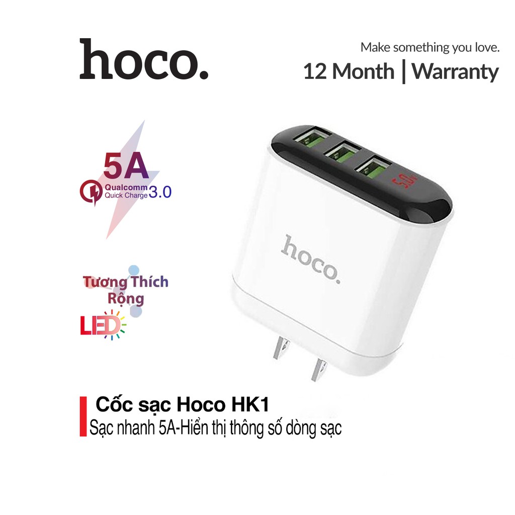 Cốc sạc nhanh 3 cổng (3 USB) 5A MAX Hoco 3-Ports HK1 Đèn led báo sạc