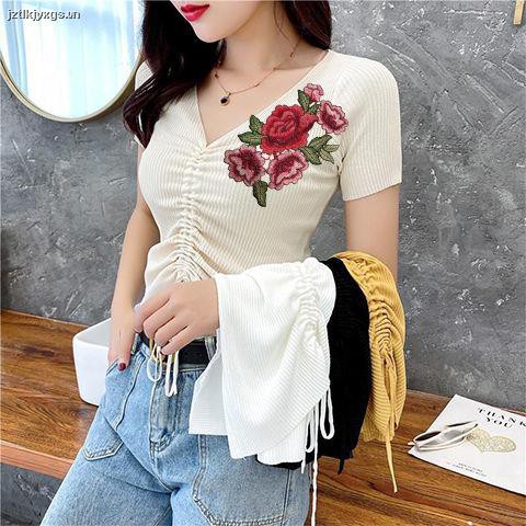 ✶drawstring top women s short-sleeved Xia Bingsi V-neck embroidered sweater Korean version of the navel and waist tight-fitting all-match T-shirt ins