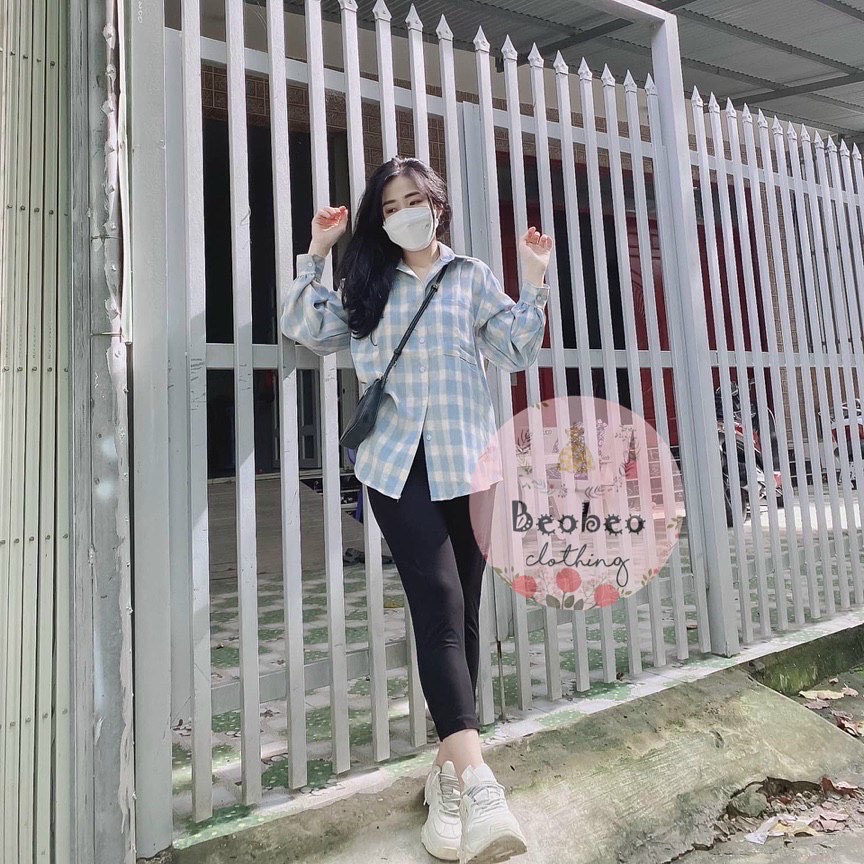Set áo sơ mi caro pastel tay phồng kèm quần legging ulzzang