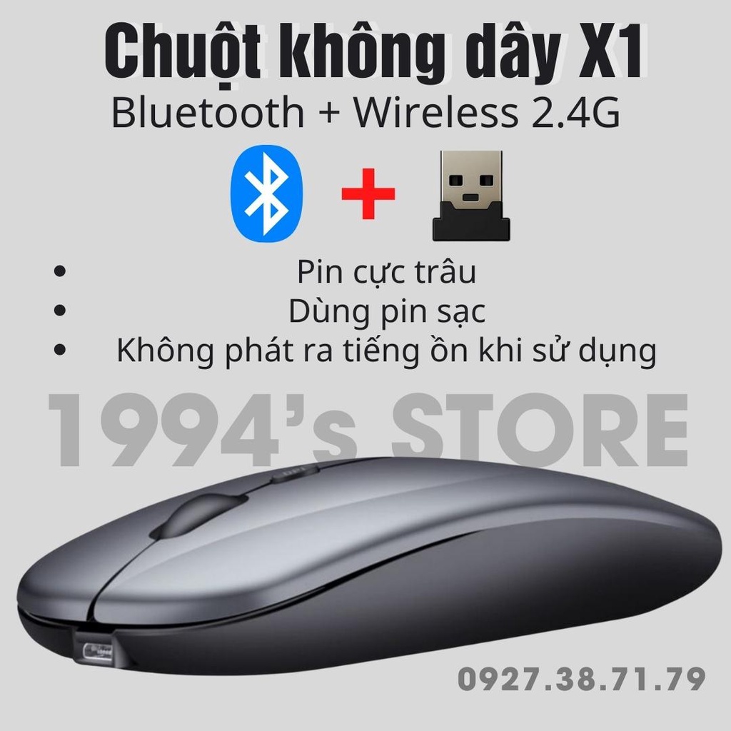 (CÓ SẴN) Chuột Không Dây X1 Bluetooth 5.1 và Wireless 2.4G Nhỏ Gọn, Nhẹ, Dùng Pin Sạc, Không Âm Thanh