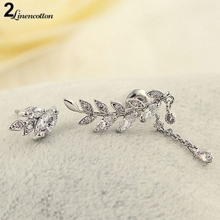 Women's Asymmetric Leaf Ear Clip Chain Drop Dangle Ear Cuff Stud Earrings