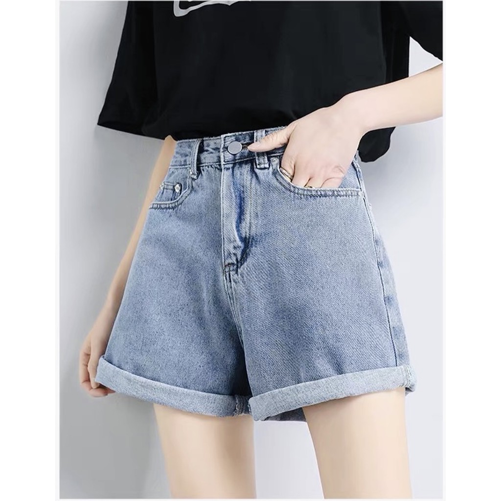 Quần short jean nữ BigSize lưng cao trên rốn, co dãn mạnh, xăn lai, màu xanh nhạt rách kiểu dành cho người mập 3868