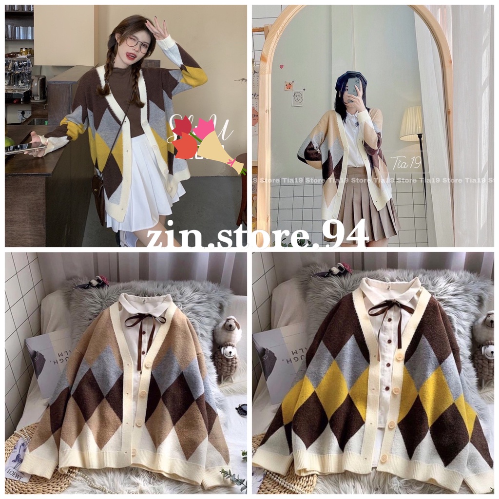 Áo len cadigan hoạ tiết ô trám 2 màu nâu be hàng QC cao cấp Zinstore94