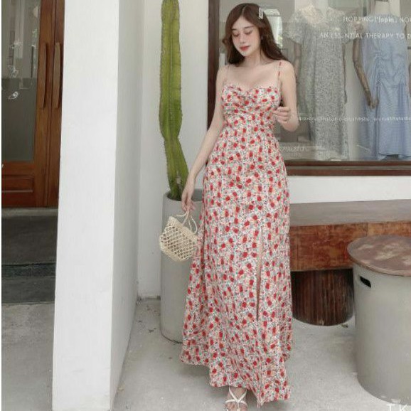 đầm maxi hoa xẻ tà cutout lưng ( sẵn mút ngực)