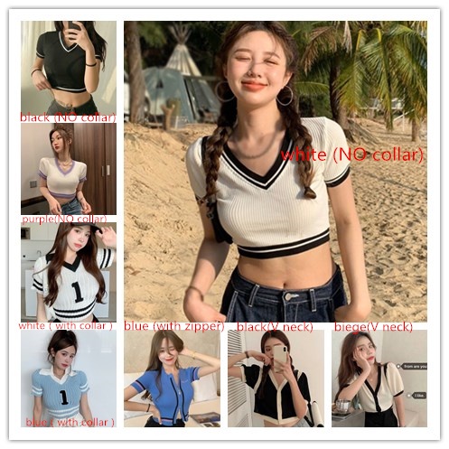 Áo Croptop Dệt Kim Tay Ngắn Cổ V Duyên Dáng Quyến Rũ Cho Nữ