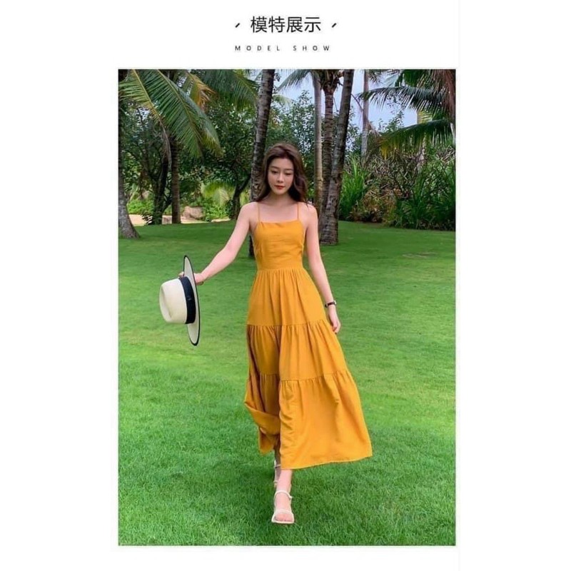 Đầm đi biển-Váy MAXI chất đũi 3 tầng dây điều chỉnh-có dây buộc sau(ảnh thật shop chụp) | BigBuy360 - bigbuy360.vn