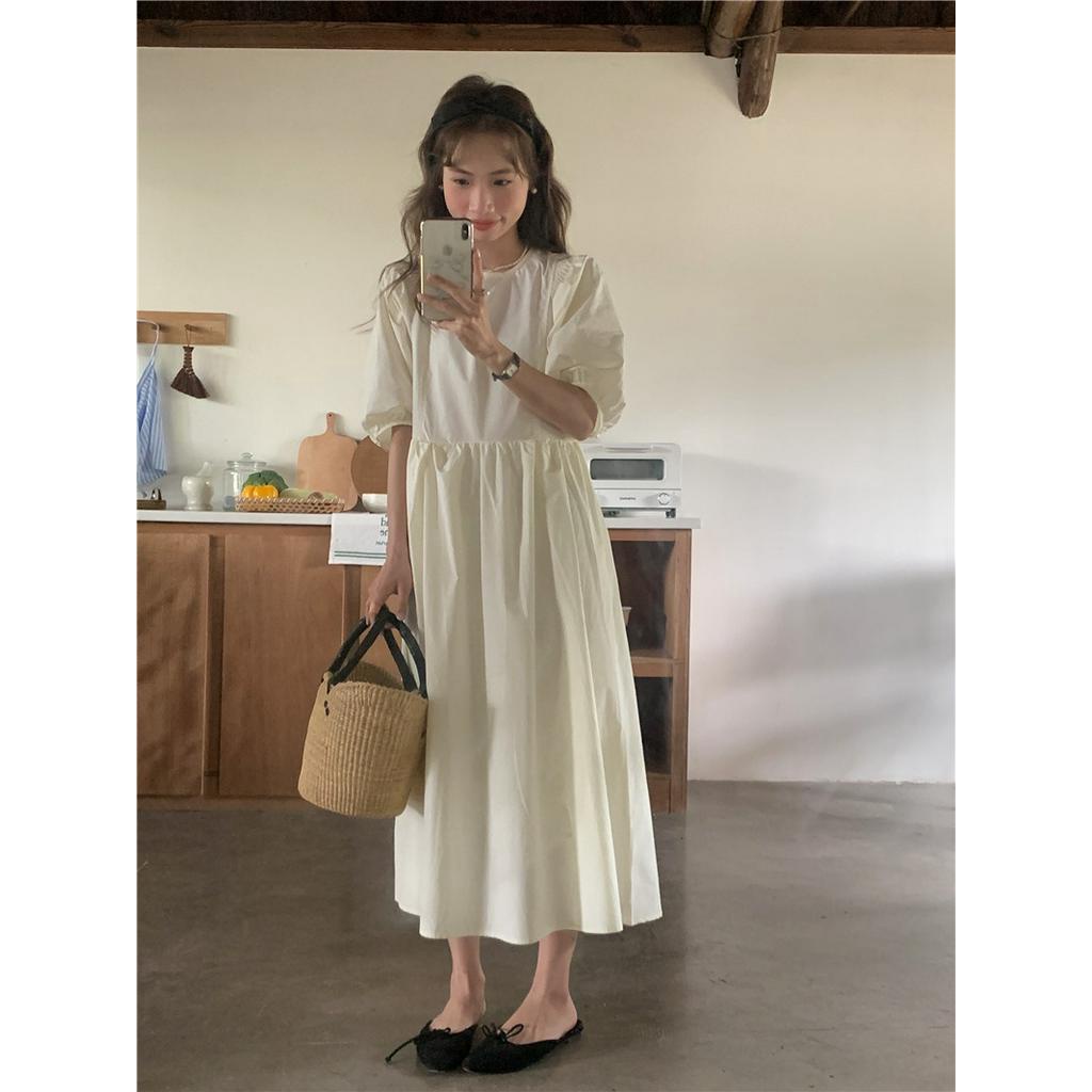 Đầm Hàn Quốc Cổ Tròn Ngắn Tay Dáng Dài Vừa Vặn 63853 3 Màu Sắc Đơn Giản