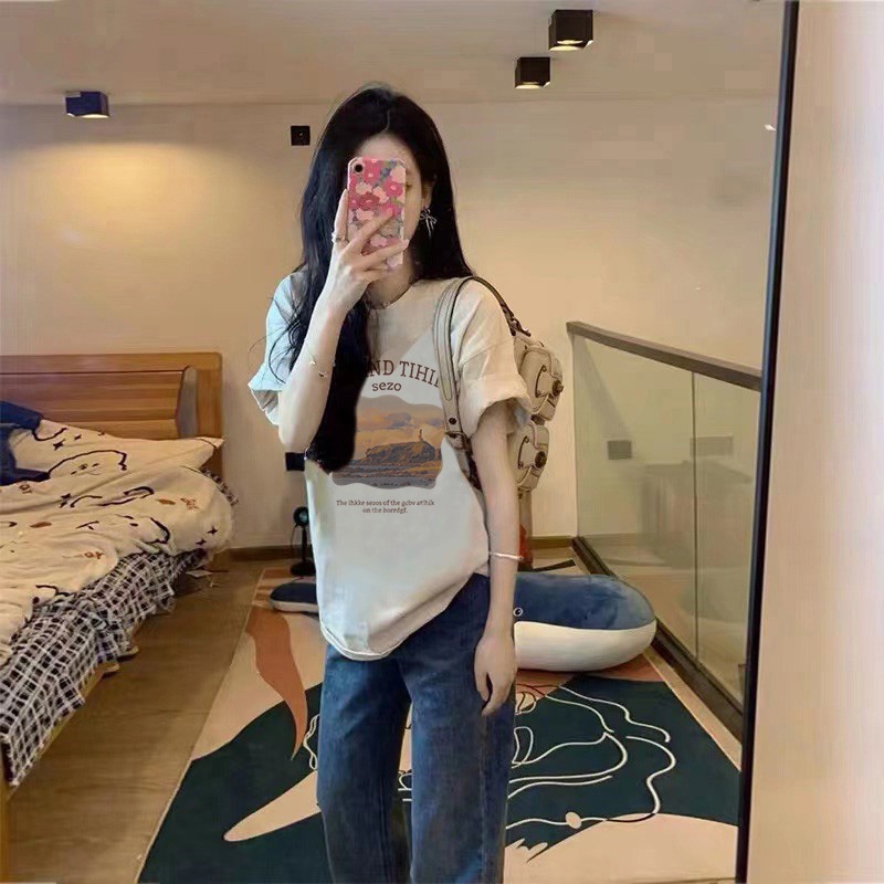 Áo thun SELVZE cotton tay ngắn dáng rộng phong cách cổ điển Mỹ chất lượng cao
