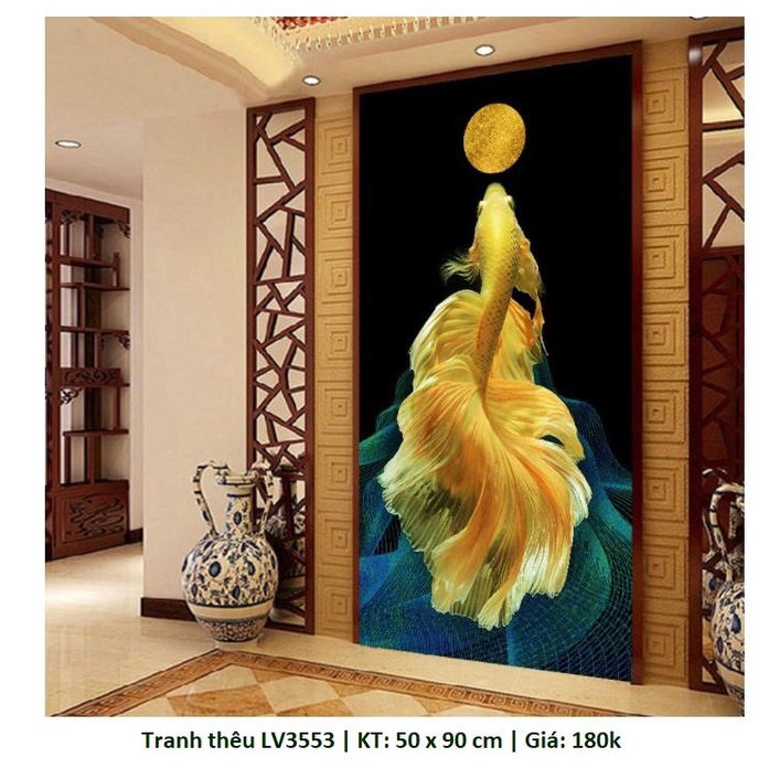 Tranh thêu chữ thập ( giá sỉ) Cá Chép hóa Rồng LV3535 (43x75cm), LV3553 (50x90cm), LV3552(50x90cm), tranh đá LV577 50x90