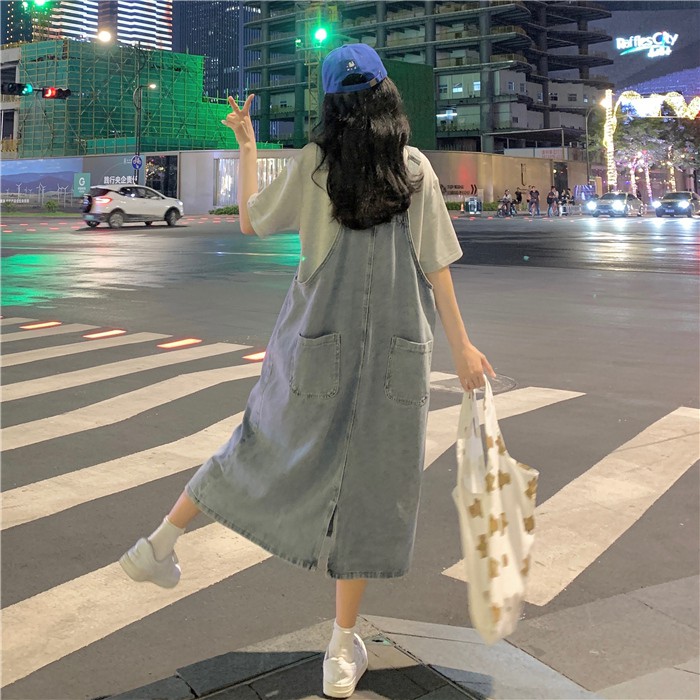 Kumi.vn order váy yếm bò denim dáng dài màu xanh nhạt phong cách Ulzzang Hàn Quốc