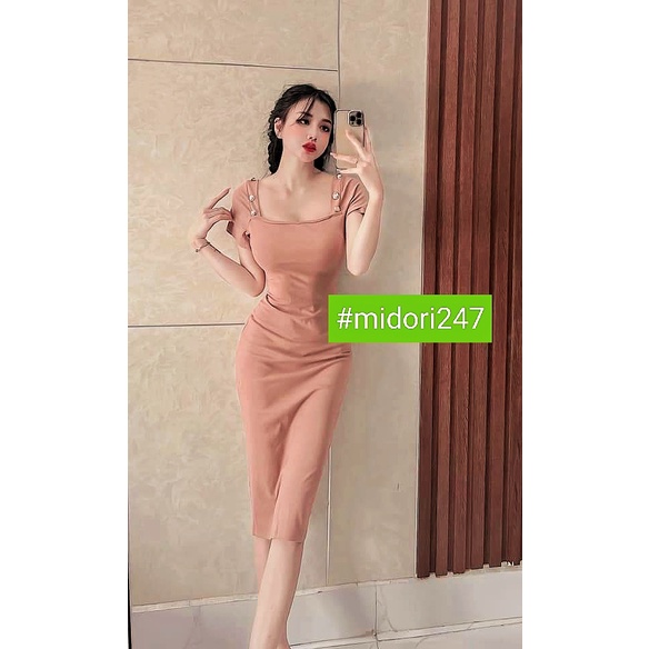 Đầm ôm body cổ vuông có nút vai tay ngắn chất thun lên form ôm dáng cực kì, váy body nữ tay ngắn form dài MIDORI247
